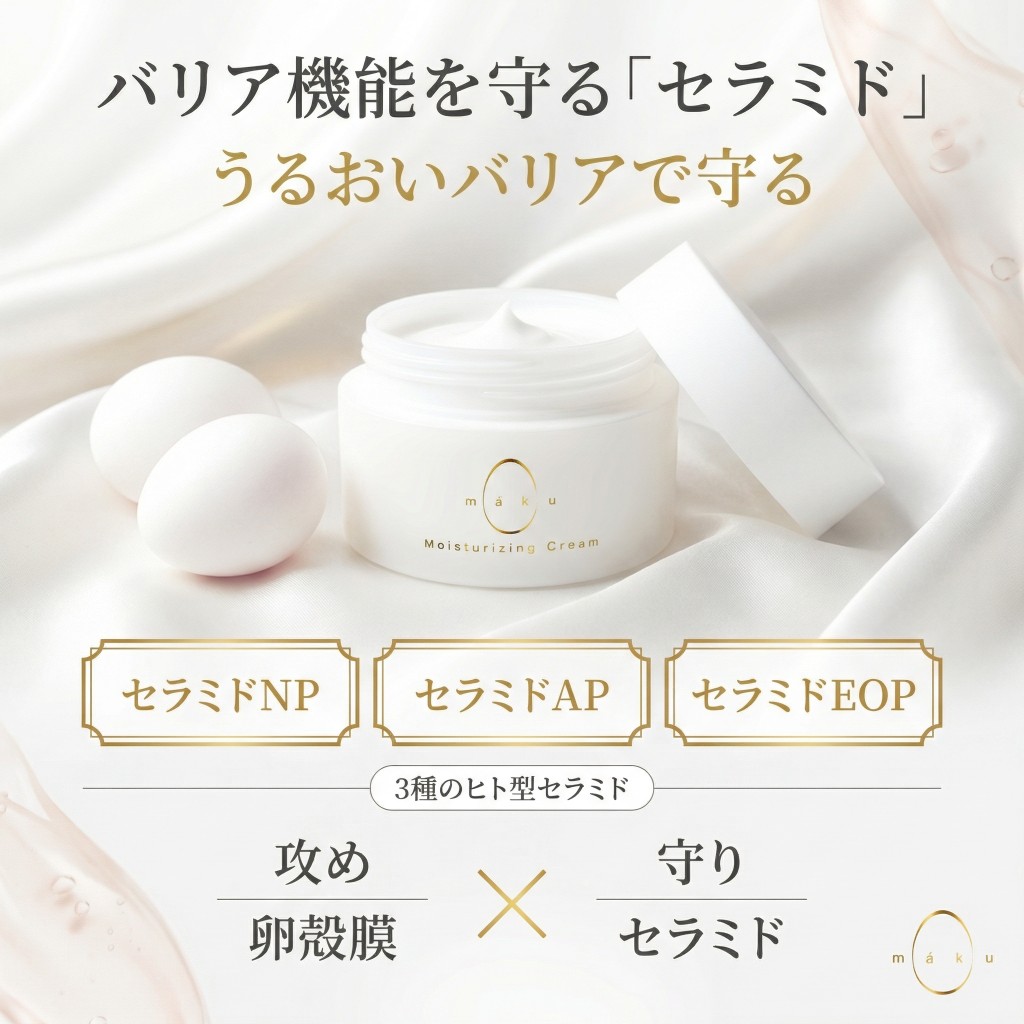 バリア機能を守るセラミド。セラミドNP・AP・EOPの3種ヒト型セラミド。卵殻膜の攻めとセラミドの守り。